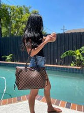 Load image into Gallery viewer, Checkered Brown Shoulder Bag Tote + V-neck black short sleeve bodysuit
